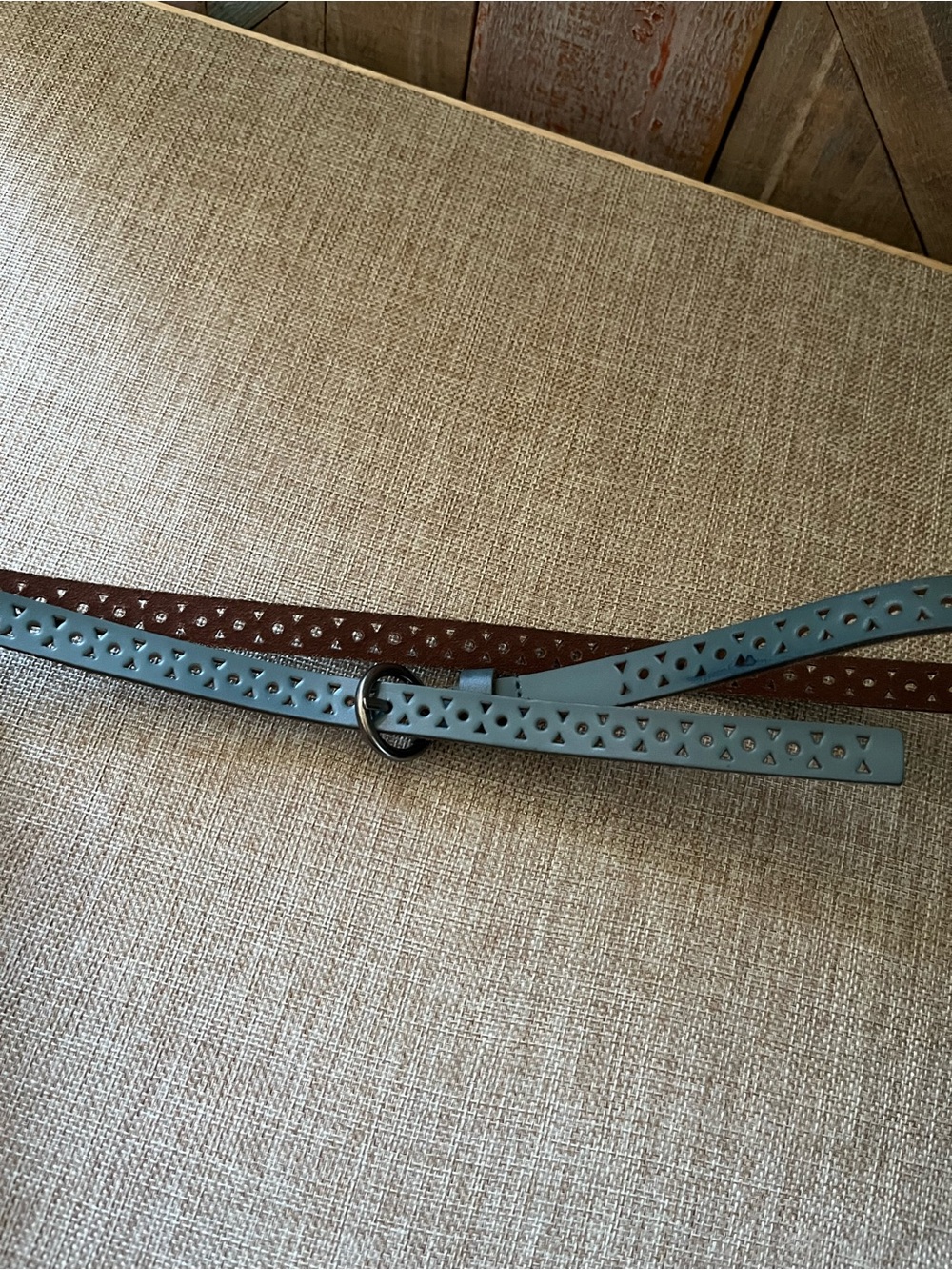 Reversible Laser-Cut Leather Belt in Light Blue and Brown